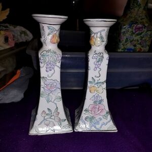 Chinoiserie Candlesticks ~ Pretty Embossed Fruit And Floral By WBI China